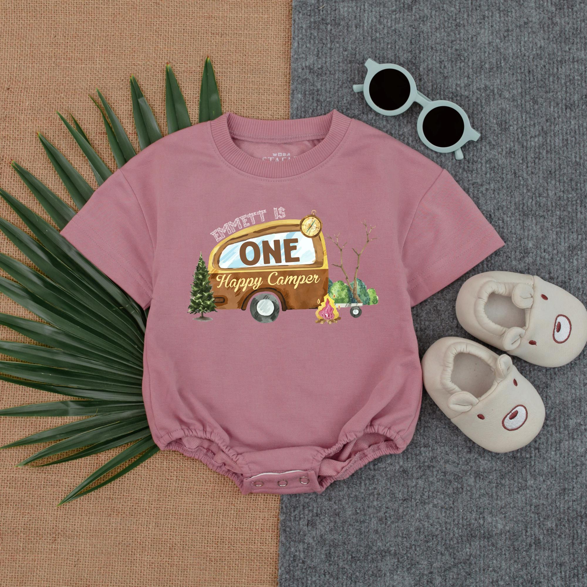 Custom One Happy Camper Baby Romper Camping 1st Birthday Boy Outfit Soft Cotton Adventure Clothes Personalized Name Gift