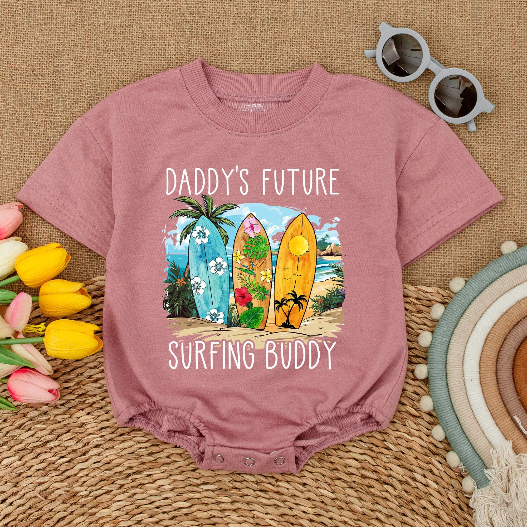 Daddy's Future Surfing Buddy Baby Romper with Beach Scene Surfboards Summer Outfit Newborn Infant Gift Cotton Comfortable Beachwear
