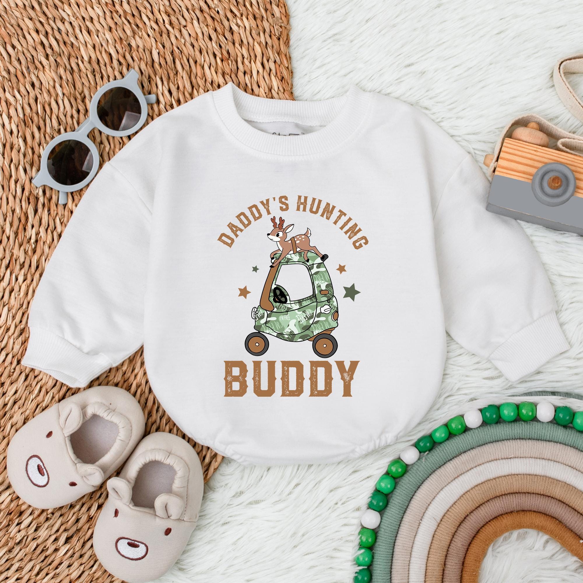 Daddy's Hunting Buddy Baby Romper Deer Cartoon Design Infant Boy Bodysuit for Outdoorsy Baby Shower Gift with Stars in Earthy Tones
