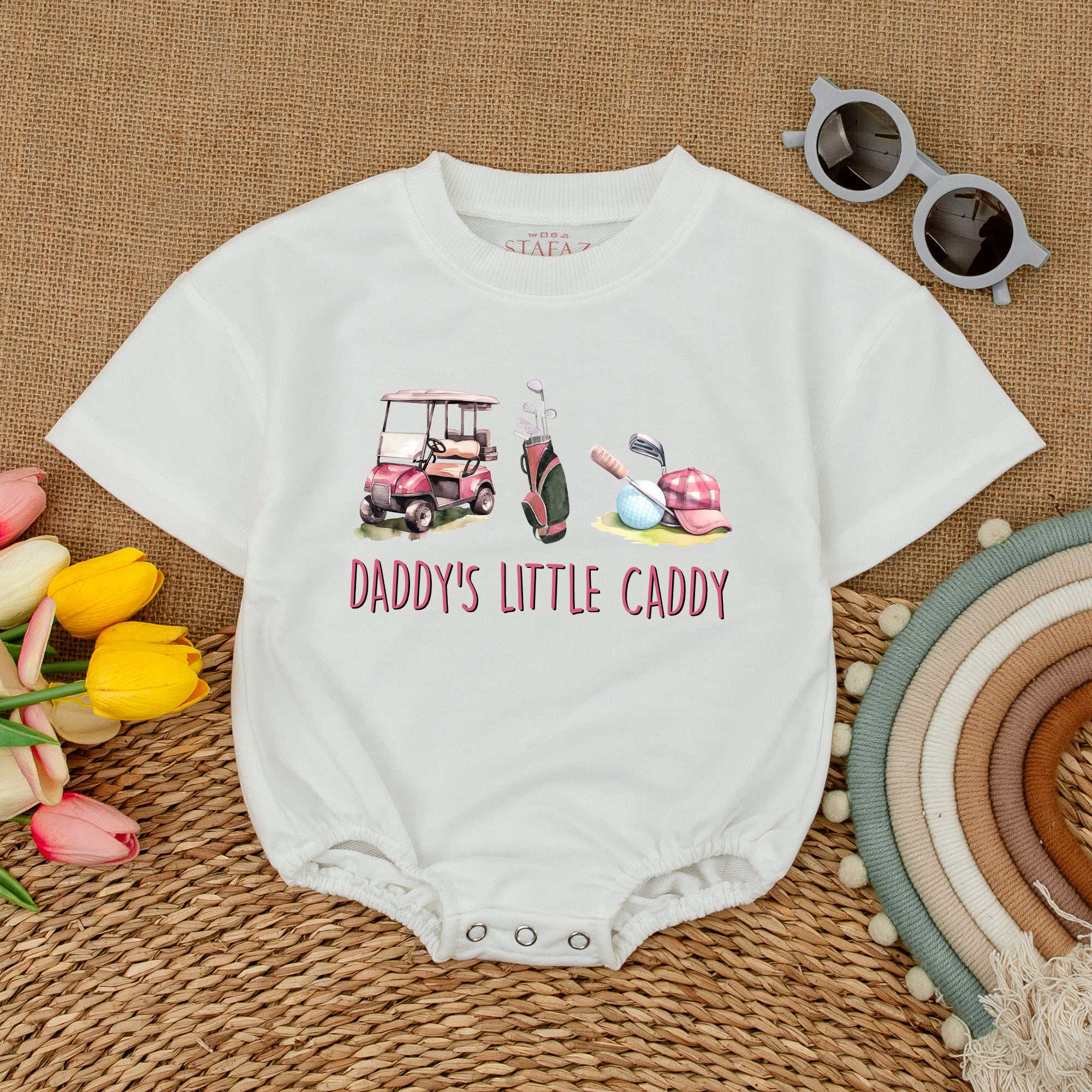 Daddy's Little Caddy Baby Romper Golfing Theme Infant Girl Bodysuit Soft Cotton Pastel Colors Pink Plaid Cap Fun Baby Shower Gift