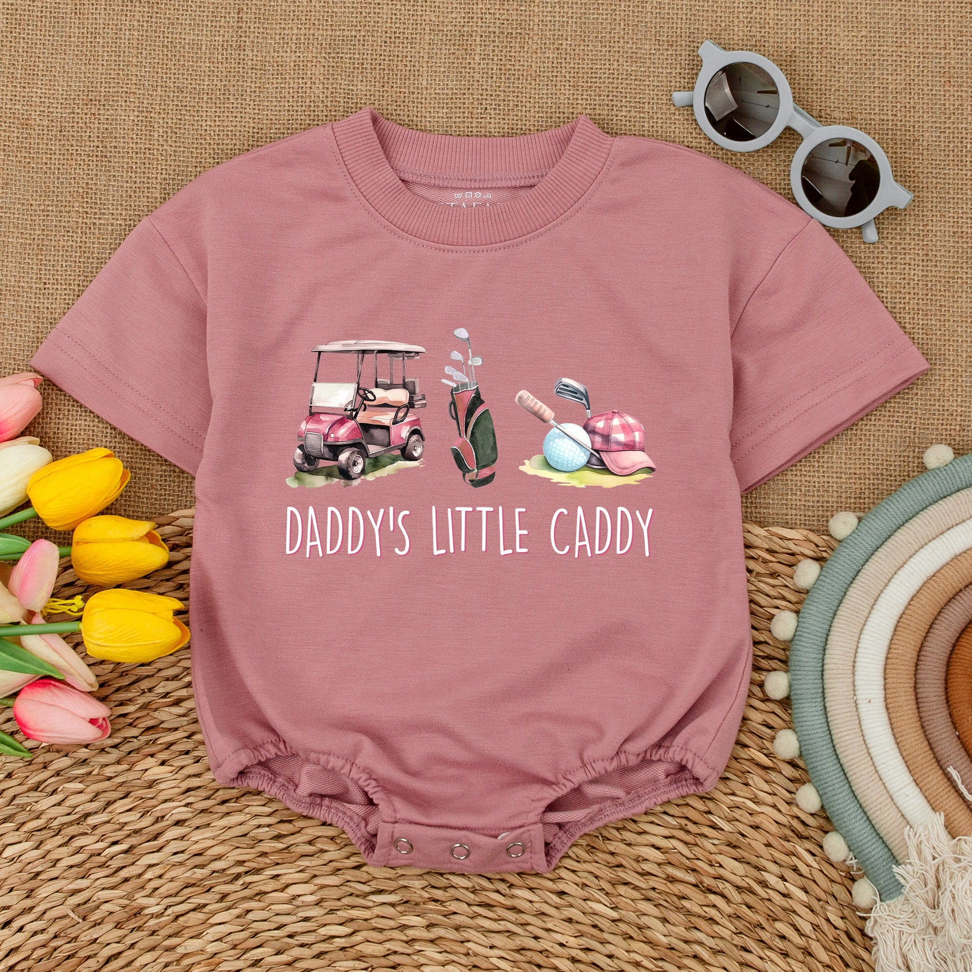 Daddy's Little Caddy Baby Romper Golfing Theme Infant Girl Bodysuit Soft Cotton Pastel Colors Pink Plaid Cap Fun Baby Shower Gift