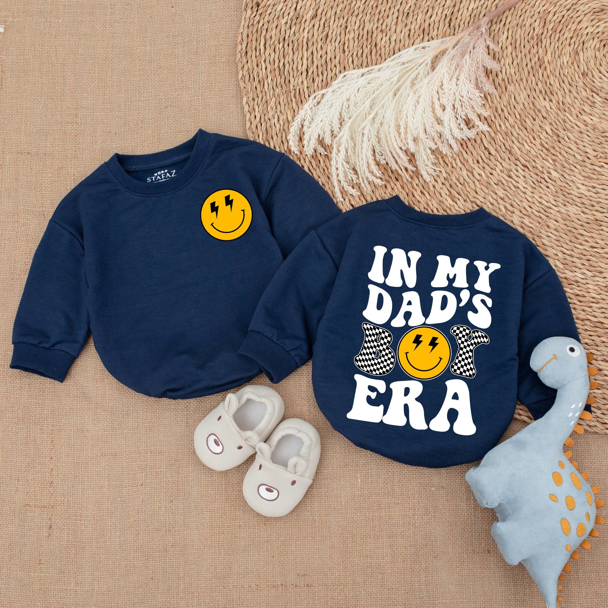 Dad's Era Baby Romper with Smiley Face Lightning Eyes Checkered Flags Fun Baby Announcement Father's Day Gift Cotton Soft Outfit