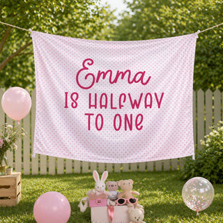 Emma Is Halfway to One Silk Banner with Pink Polka Dot Design, Half Birthday Party Backdrop, Custom Name Decoration