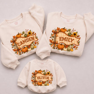 Fall Pumpkin Plaid Banner Matching Family Sweatshirts and Baby Romper with Custom Name, Autumn Outfit for Family Gatherings