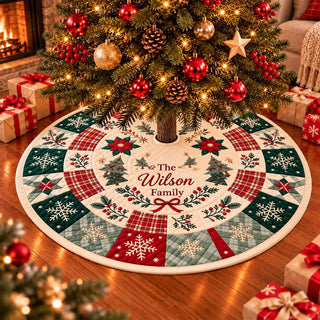 Farmhouse Plaid Christmas Tree Skirt with Snowflake and Patchwork Design, Personalized Family Name Holiday Tree Mat Decor