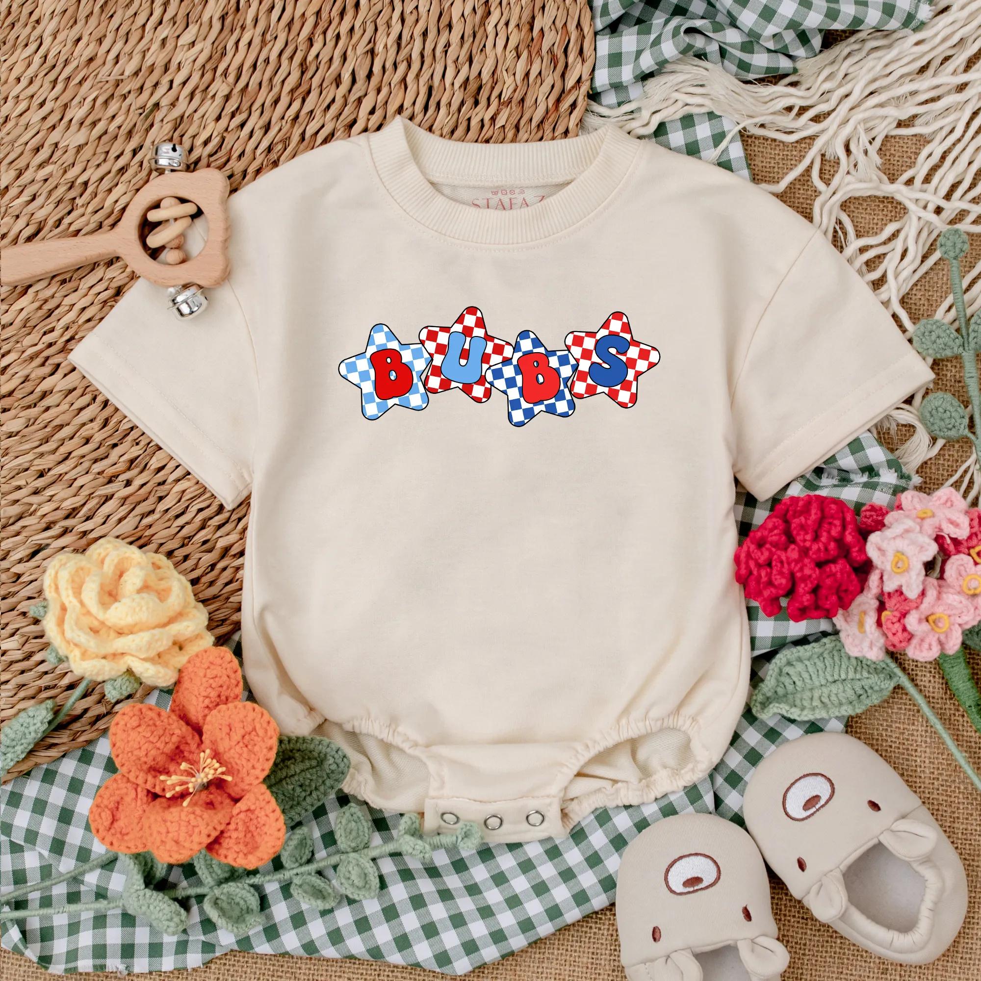 Festive BUBS Baby Romper Patriotic Checkered Bodysuit Infant Boy 4th of July Outfit Summer Clothes Baby Shower Gift Americana Style