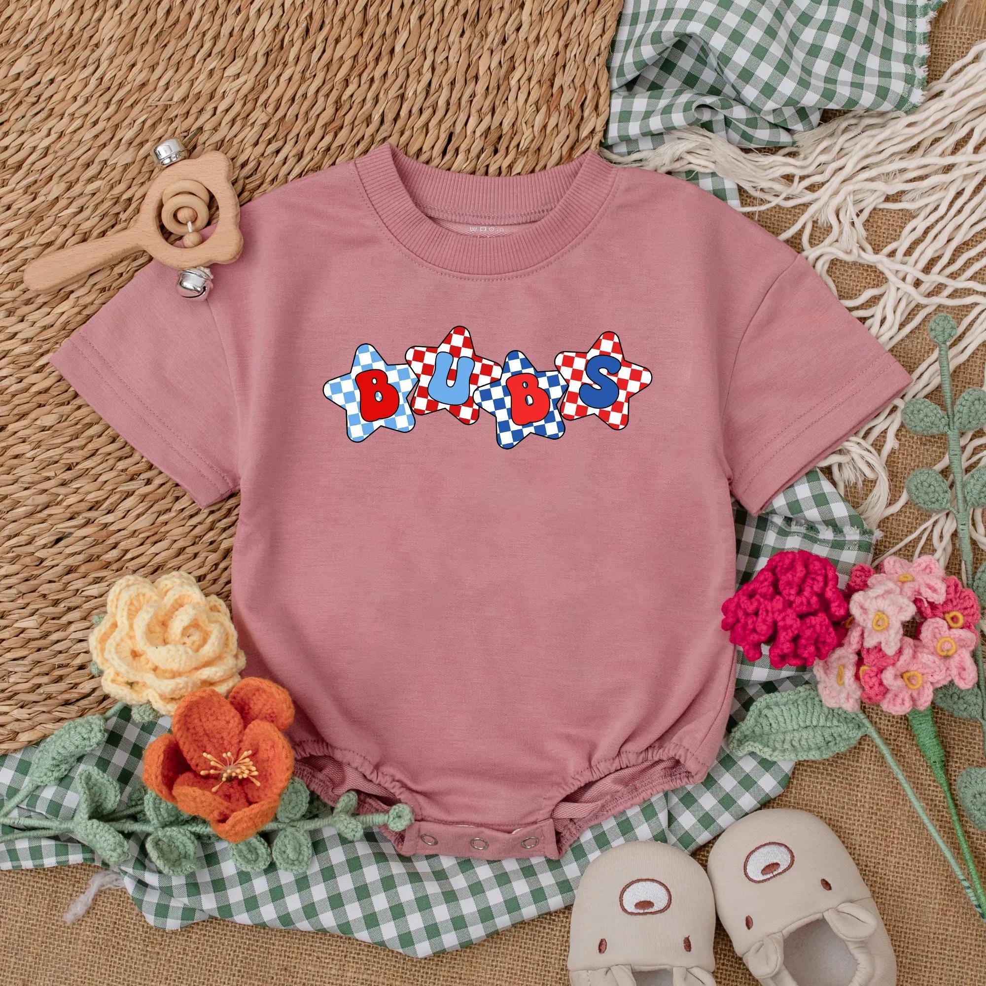 Festive BUBS Baby Romper Patriotic Checkered Bodysuit Infant Boy 4th of July Outfit Summer Clothes Baby Shower Gift Americana Style