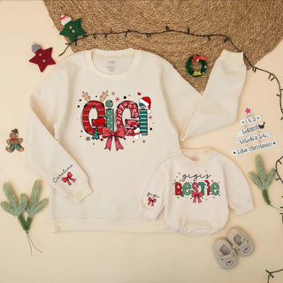 Festive Gigi and Gigi's Bestie Christmas Sweatshirt Set, Holiday Matching Family Outfit with Custom Wrist Print Option