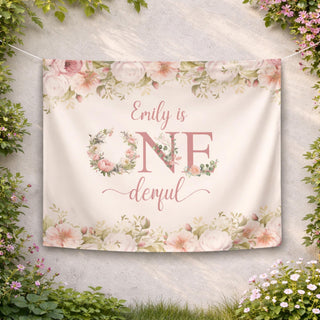 Floral Wildflower 1st Birthday Silk Banner with Custom Name, Onederful Girl Party Backdrop, Personalized Flower Theme Decoration