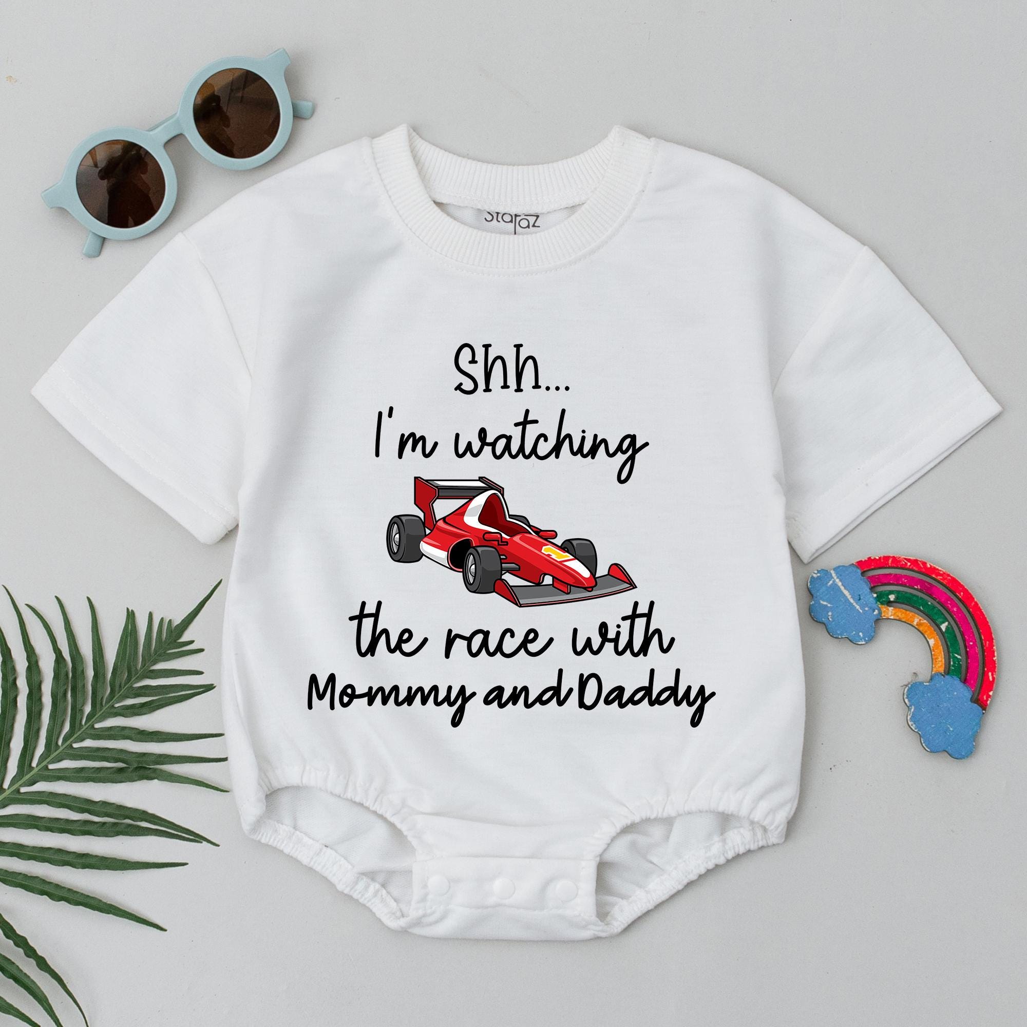 Funny Race Car Baby Romper Shh Watching with Mommy Daddy Gift for Boy Girl Comfortable Cotton Outfit Baby Shower Party