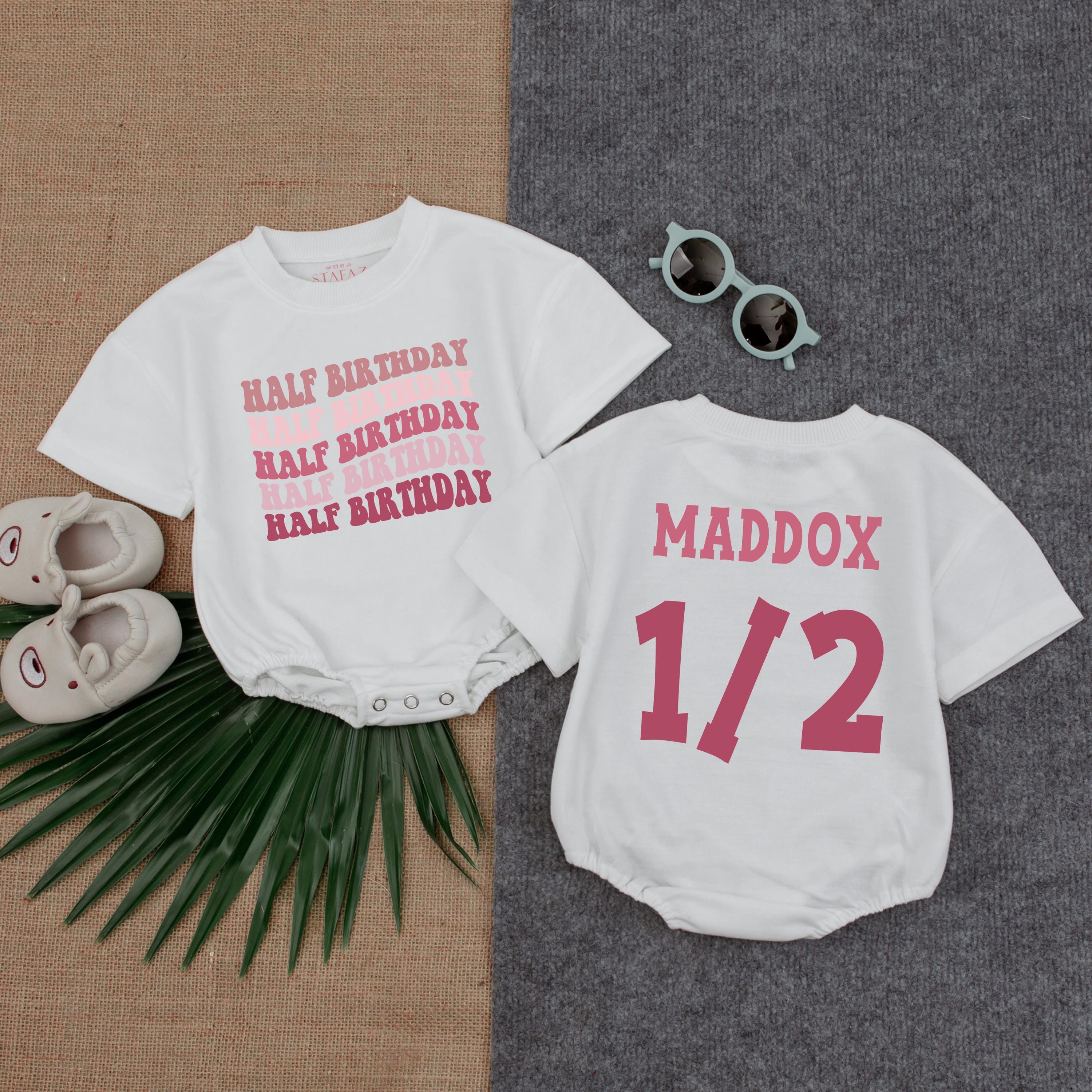 Half Birthday Romper for Baby Maddox Pink 1/2 Birthday Outfit Soft Cotton Girl Boy Infant Celebration Six Month Milestone