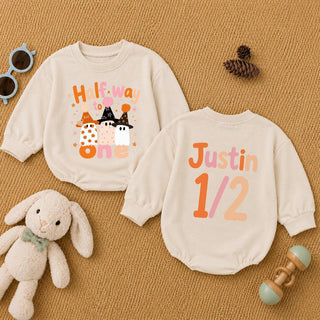 Halfway to One Baby Romper with Cute Ghosts and Stars, Custom Name Half Birthday Outfit, 6 Month Halloween Baby Gift
