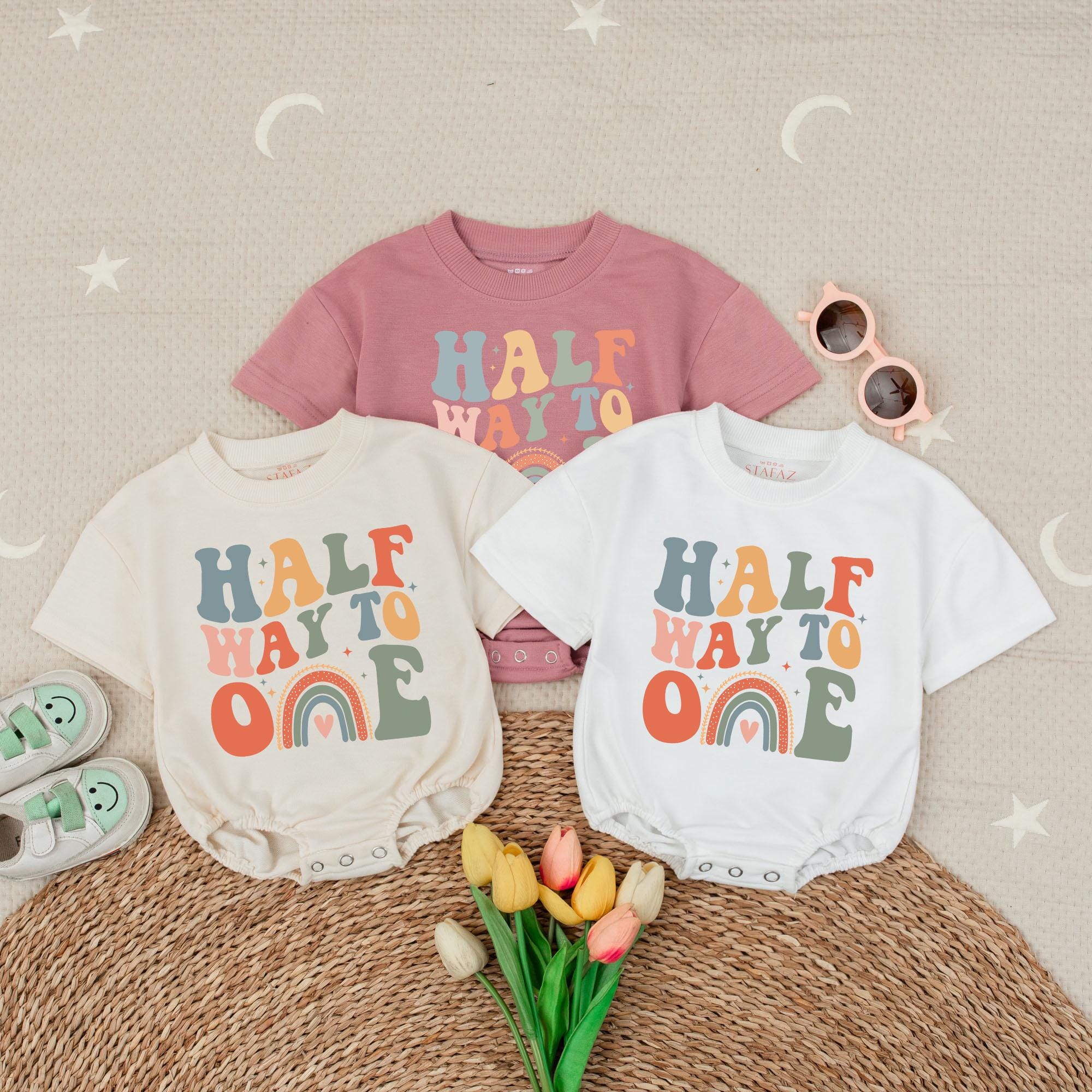 Halfway to One Girl Romper with Rainbow Boho Design Baby Birthday Outfit Colorful Minimalist Style Soft Cotton Infant Celebration Wear