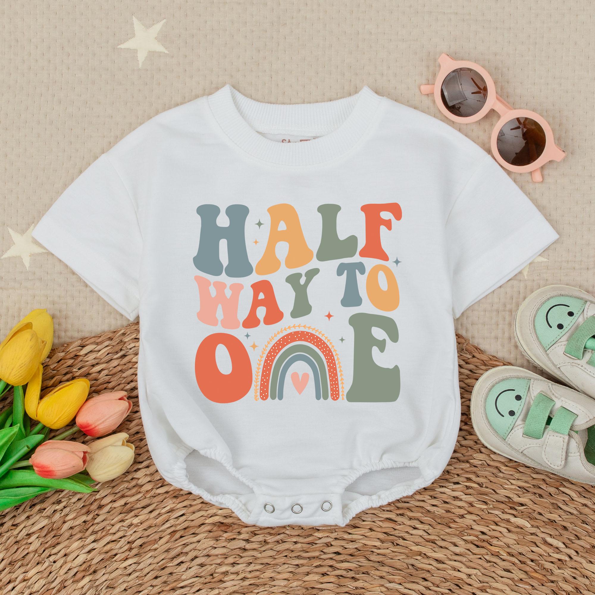 Halfway to One Girl Romper with Rainbow Boho Design Baby Birthday Outfit Colorful Minimalist Style Soft Cotton Infant Celebration Wear