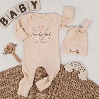 'Handpicked by Grandma in Heaven' Baby Bodysuit and Hat Set, Memorial Newborn Outfit with Custom Name, Angel Grandma Keepsake Gift