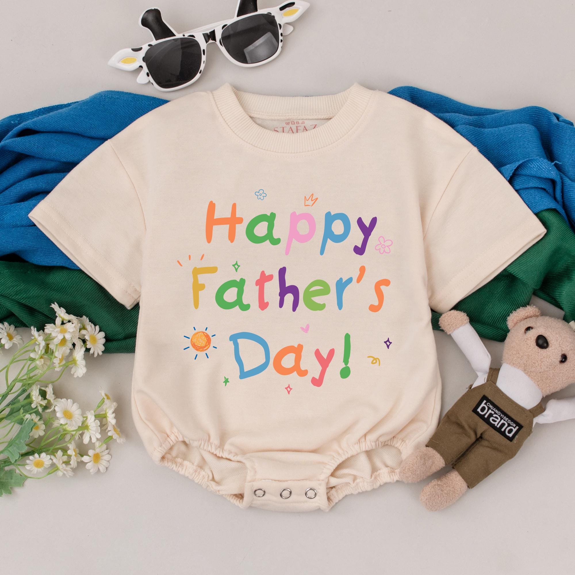 Happy Father’s Day Baby Romper with Colorful Whimsical Design Cute New Dad Gift First Father’s Day Outfit for Boys Girls Infant Shower