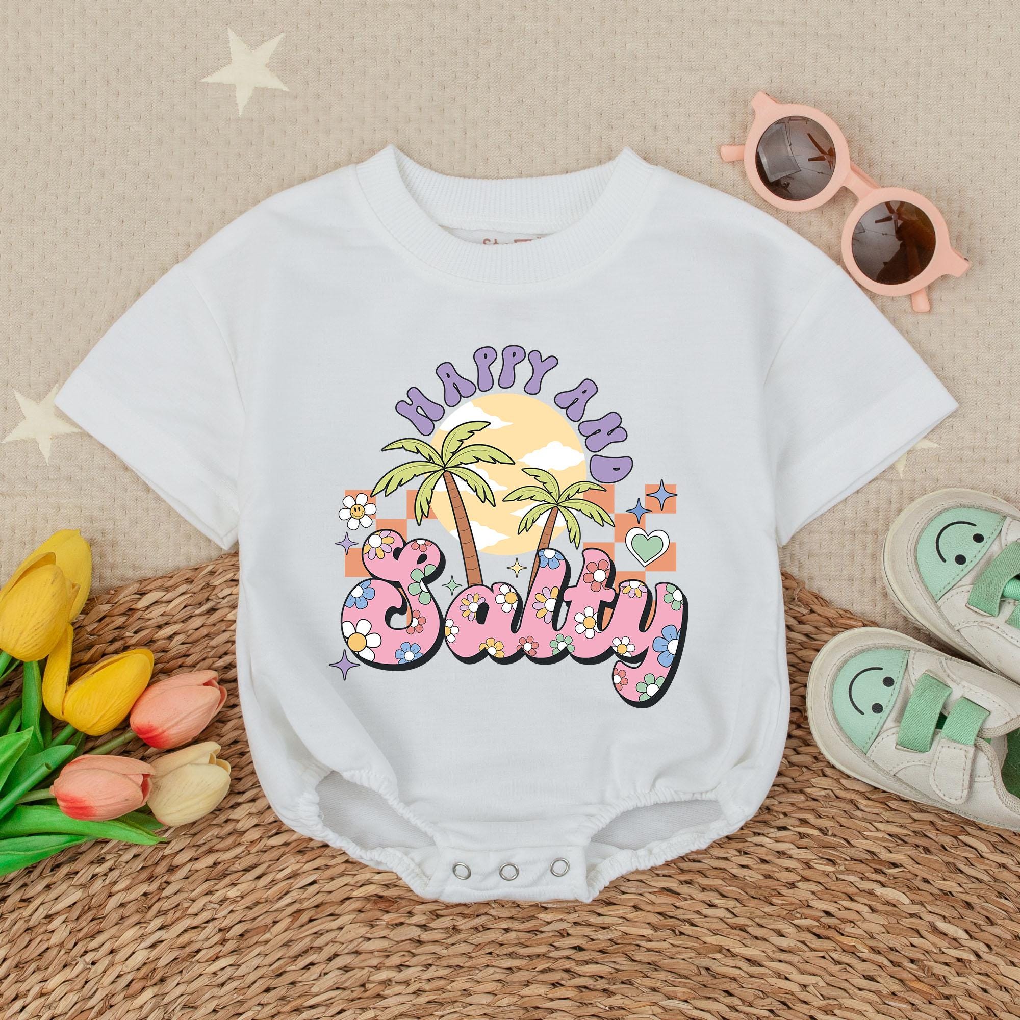 Happy and Salty Baby Girl Bubble Romper with Palm Trees Hawaiian Summer Outfit Vibrant Retro Floral Beach Design Comfortable Cotton