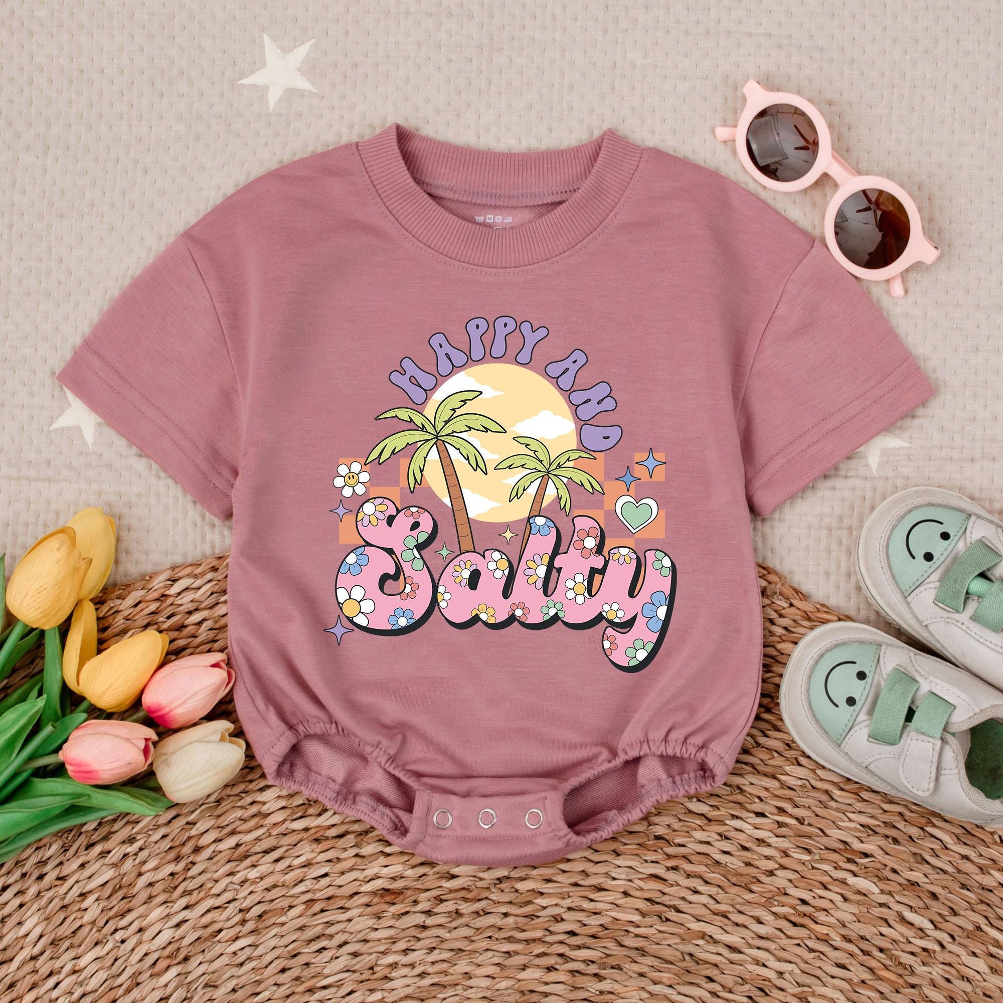 Happy and Salty Baby Girl Bubble Romper with Palm Trees Hawaiian Summer Outfit Vibrant Retro Floral Beach Design Comfortable Cotton