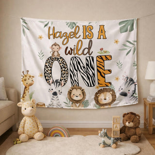 "Hazel is a Wild One" Jungle Safari Silk Banner, 1st Birthday Baby Backdrop with Custom Name, Animal Theme Party Decoration