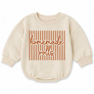 Homemade Rolls Baby Romper Thanksgiving Outfit Cream Striped Cotton Sweatshirt Bubble Style Infant Toddler Clothing 0-24M Cozy Fall Design