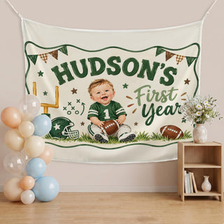 Hudson's First Year Football Silk Banner with Custom Name, Personalized 1st Birthday Party Decor, Baby Milestone Photo Backdrop