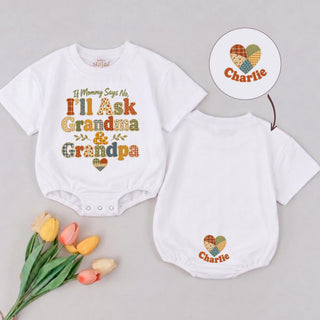 'If Mommy Says No I'll Ask Grandma & Grandpa' Baby Romper with Custom Name, Cute Short Sleeve Infant Outfit for Grandparents