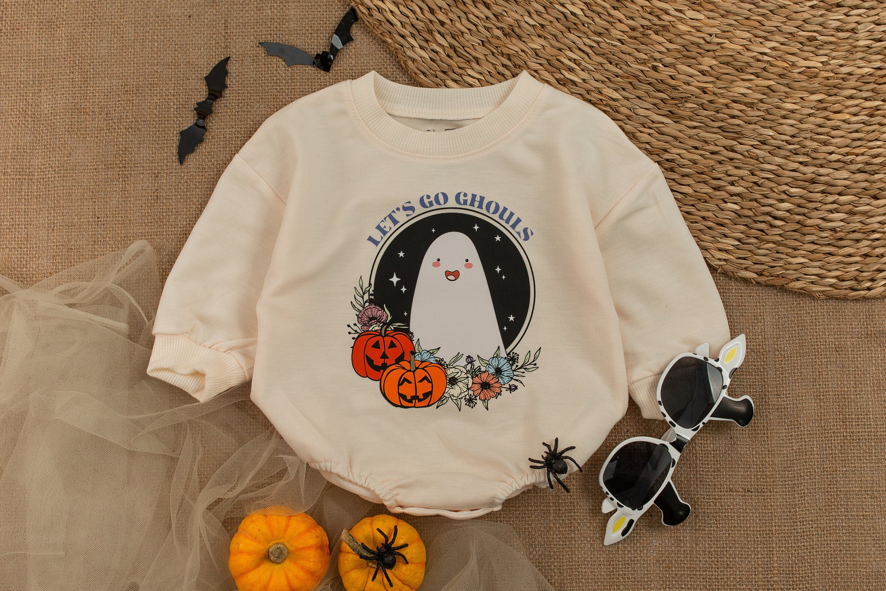 Adorable Ghost Baby Romper with Pumpkins Halloween Bodysuit Soft Cotton Vintage Style Infant Outfit Retro Ghoul Design Seasonal Gift