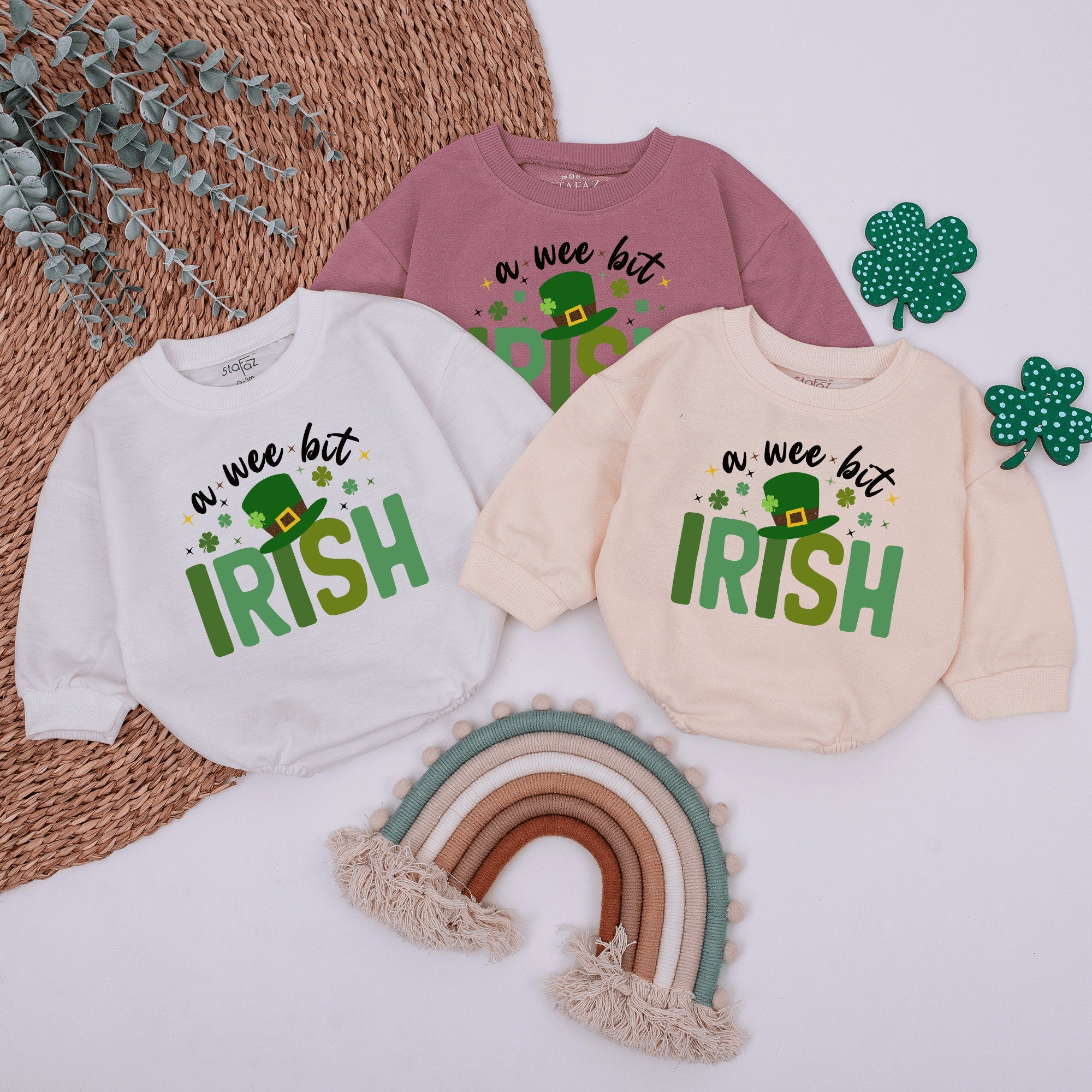 A Wee Bit Irish Baby Romper St Patrick's Day Outfit Infant Gift with Leprechaun Hat and Clovers Soft Cotton Cute Holiday Baby Clothes