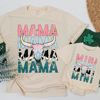 Matching Mama and Mini Western T-Shirts Vibrant Cow Skull Design Leopard Print Retro Style Mom Baby Outfit Soft Cotton Gift
