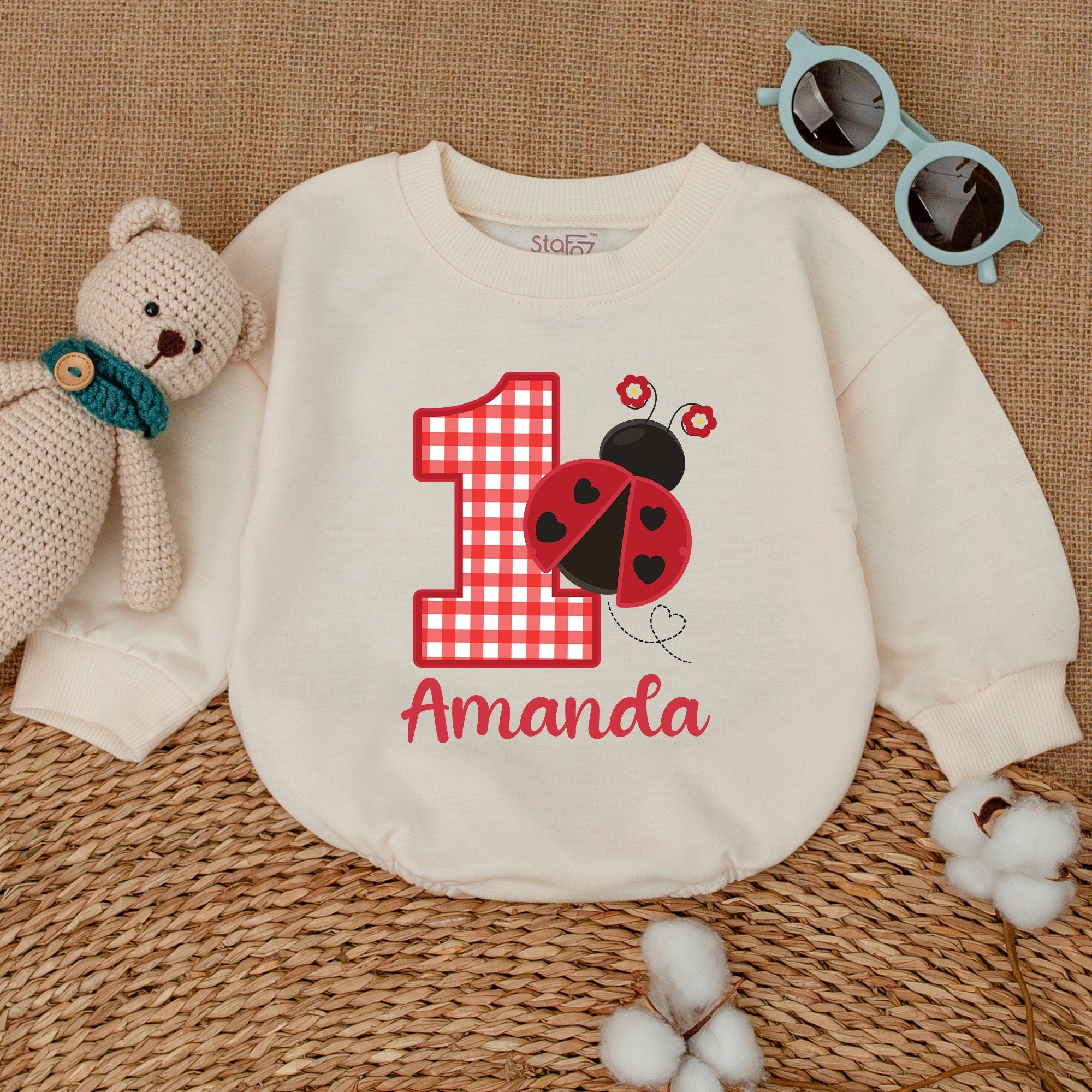 Personalized Ladybug Birthday Romper for Baby Girls First Birthday Outfit Red Checkered Number 1 with Amanda Name Cotton Smash Cake Gift
