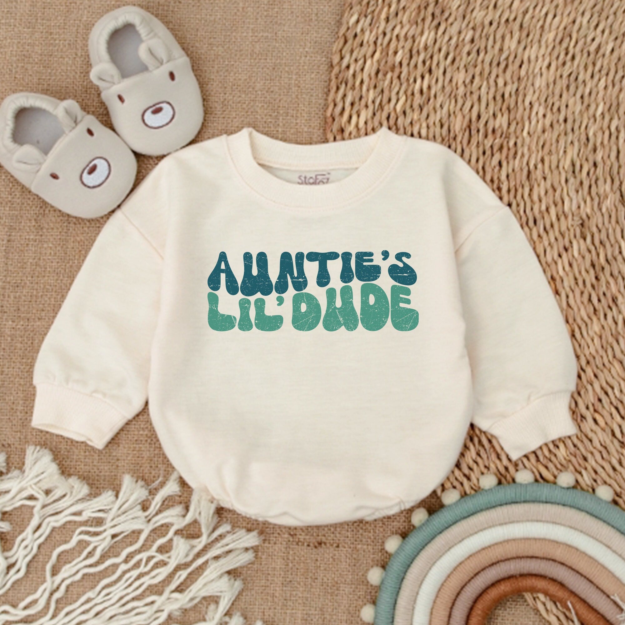 Auntie's Lil' Dude Baby Boy Romper Fun Retro Style Outfit for Infant Gift Shower Present Playful Cotton Comfort Blue Green Gradient