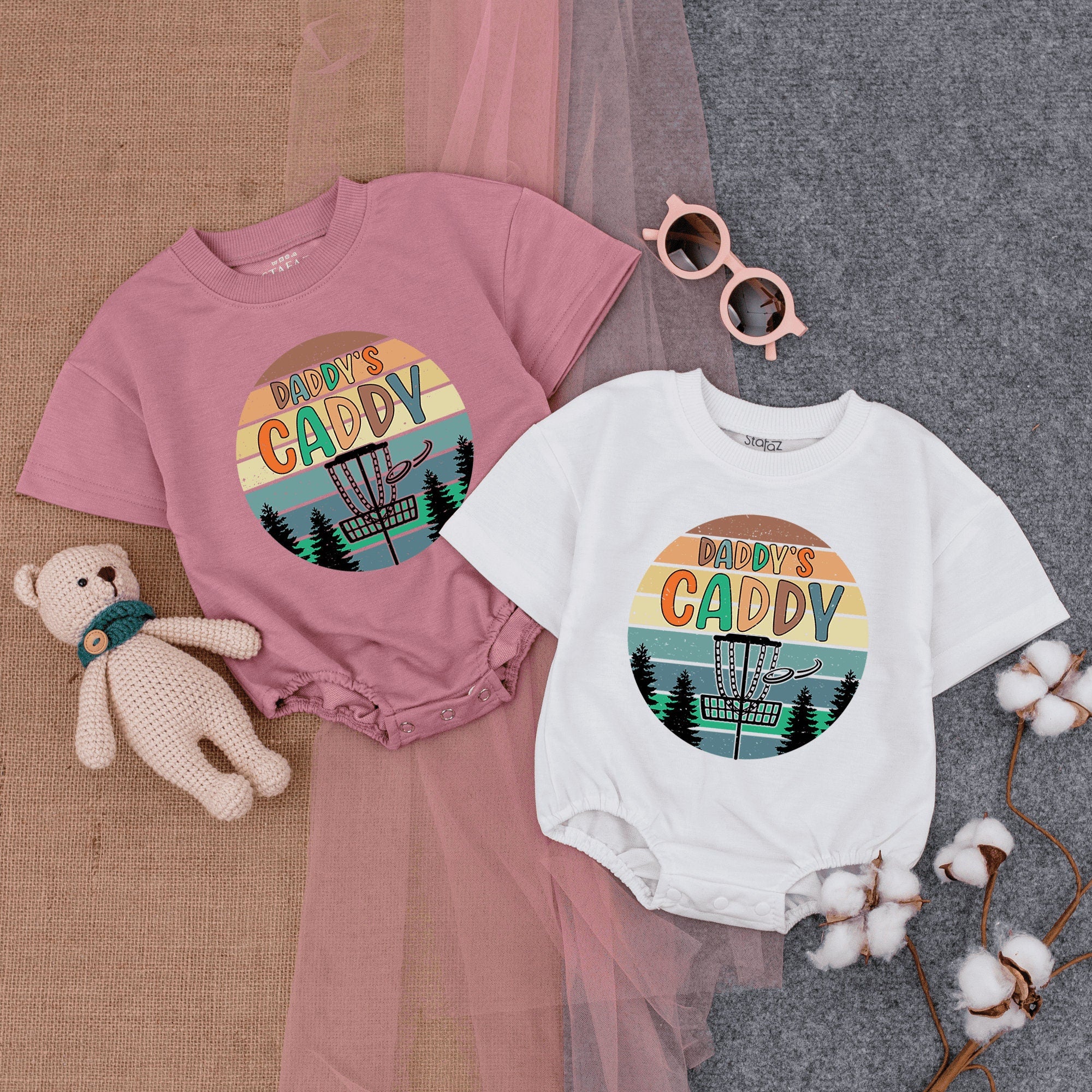 Retro Daddy's Caddy Disc Golf Baby Romper with Sunset Colors Infant Boy Gameday Outfit Soft Cotton Playful Outdoor Design