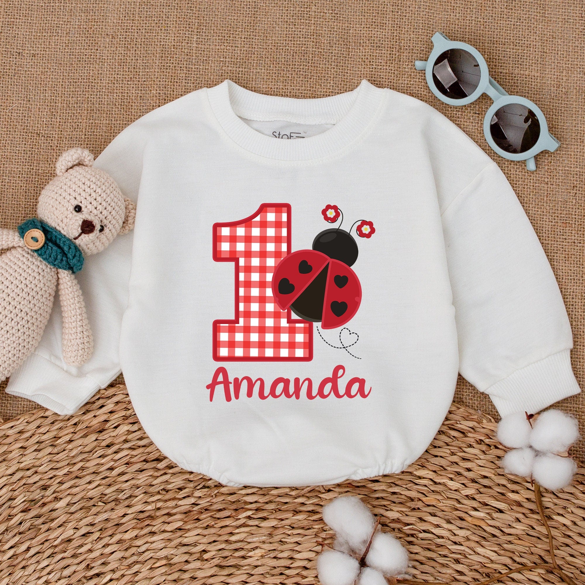 Personalized Ladybug Birthday Romper for Baby Girls First Birthday Outfit Red Checkered Number 1 with Amanda Name Cotton Smash Cake Gift