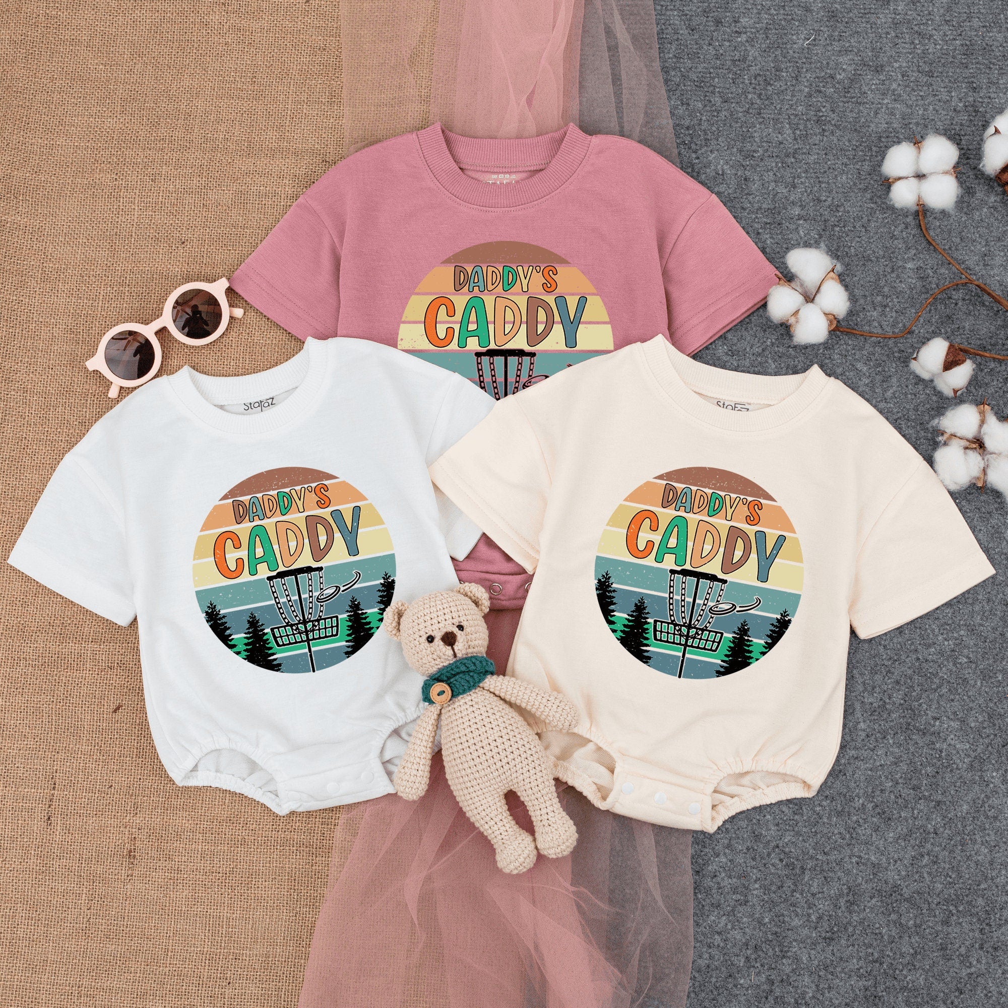 Retro Daddy's Caddy Disc Golf Baby Romper with Sunset Colors Infant Boy Gameday Outfit Soft Cotton Playful Outdoor Design