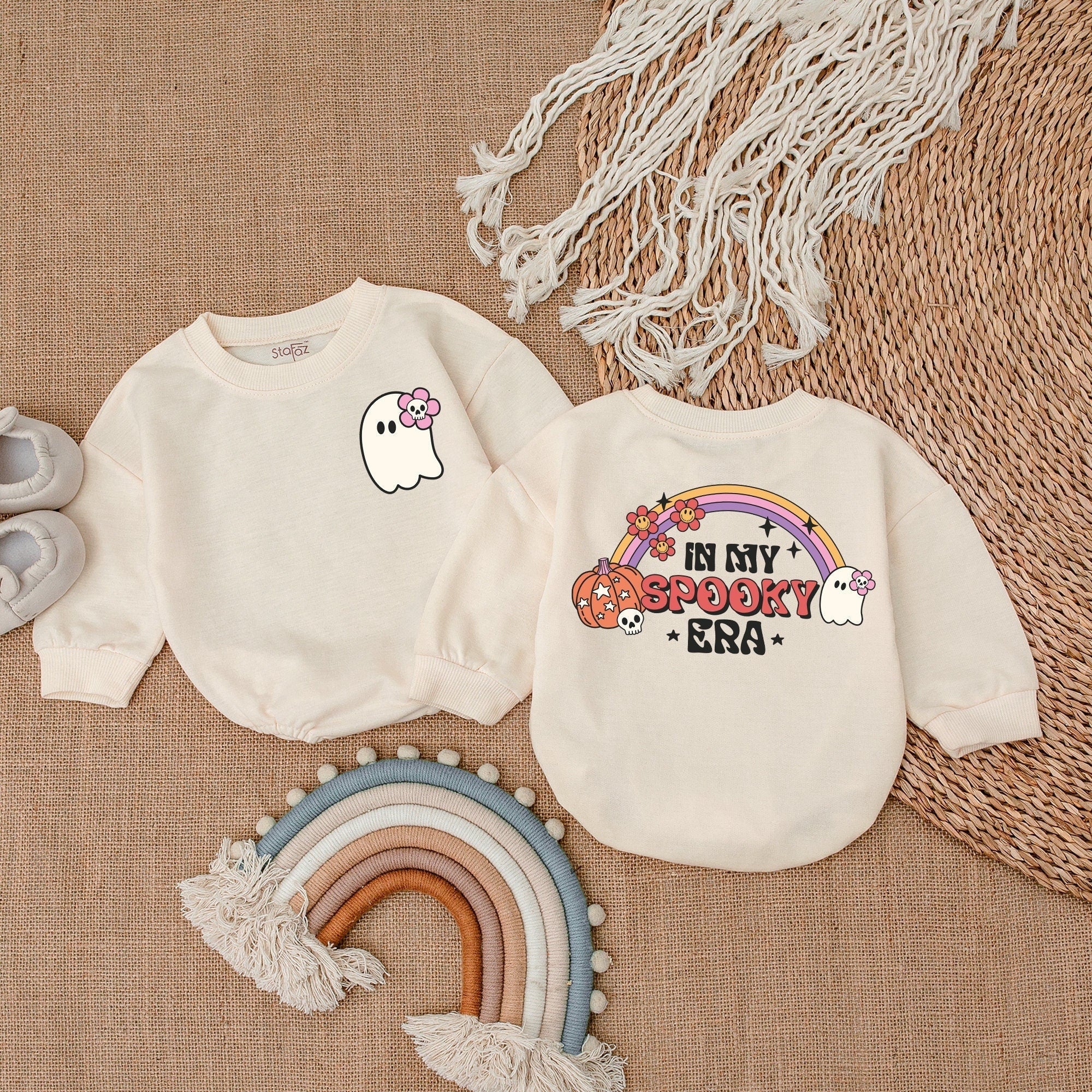 Adorable Ghost Bow Baby Romper for Halloween Vintage Rainbow Soft Cotton Infant First Holiday Outfit