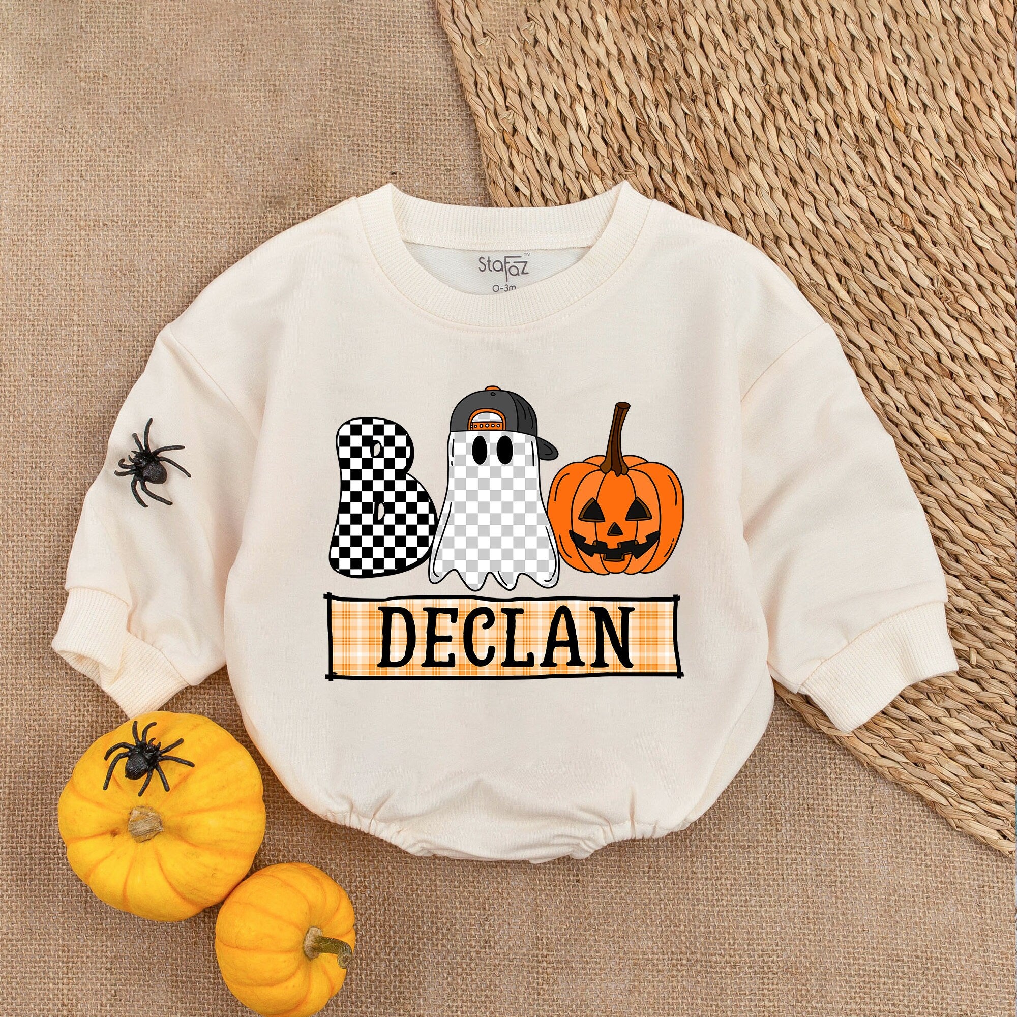 Custom Name Baby's First Halloween Romper Cute Ghost with Cap Pumpkin Plaid Banner Personalized Infant Outfit Soft Cotton Gift