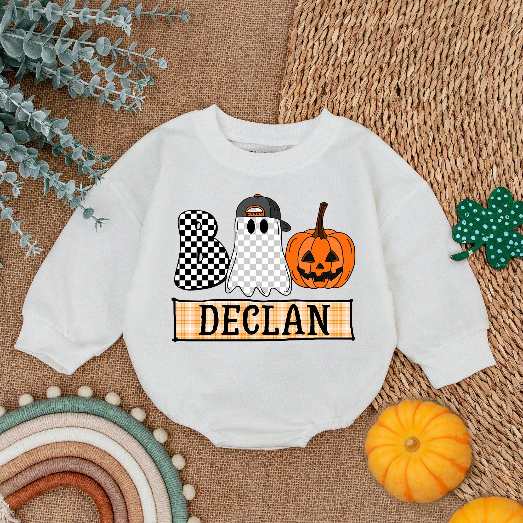 Custom Name Baby's First Halloween Romper Cute Ghost with Cap Pumpkin Plaid Banner Personalized Infant Outfit Soft Cotton Gift