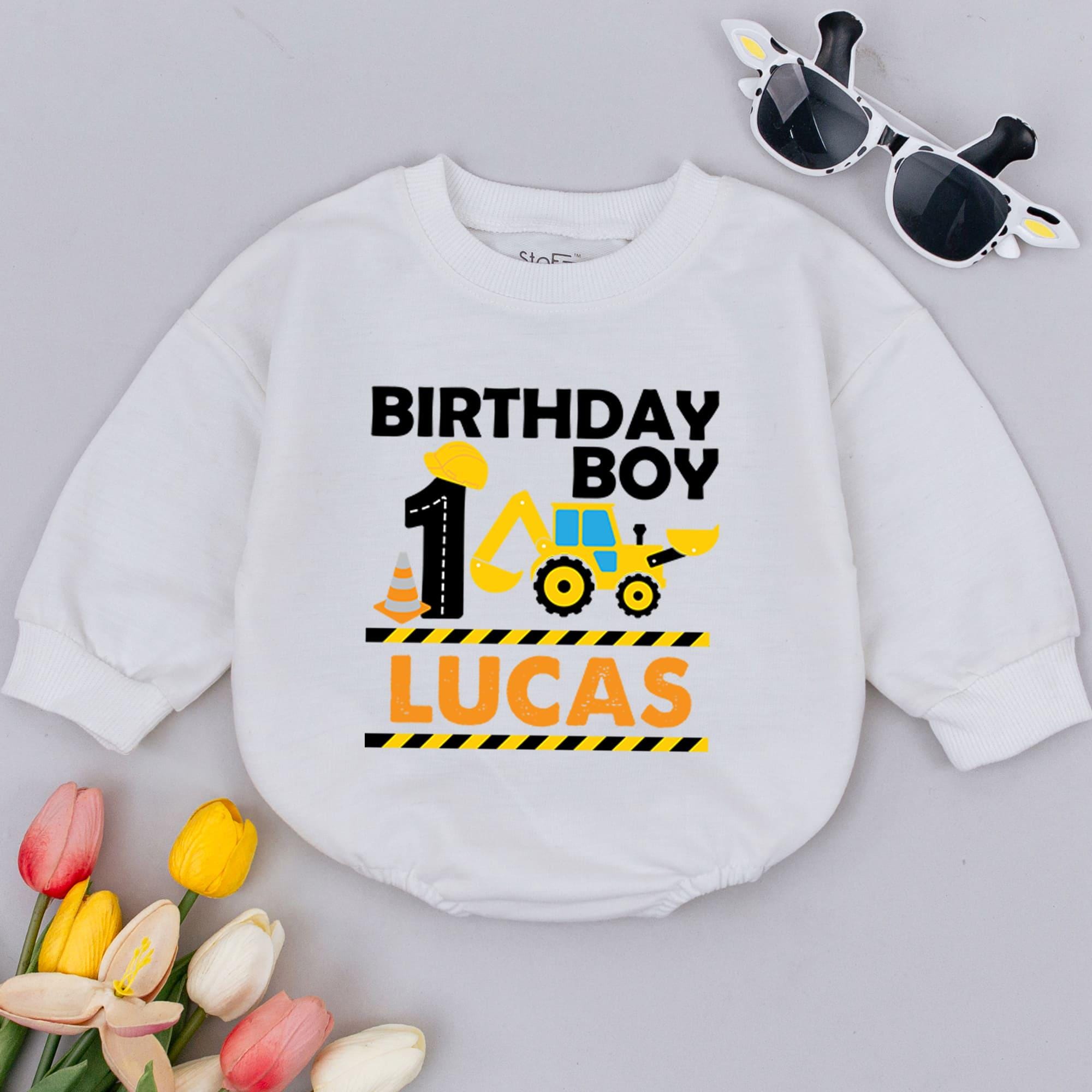1st Birthday Boy Construction Romper Personalized with Excavator Lucas Name Fun Party Baby Outfit Cotton Comfortable Gift