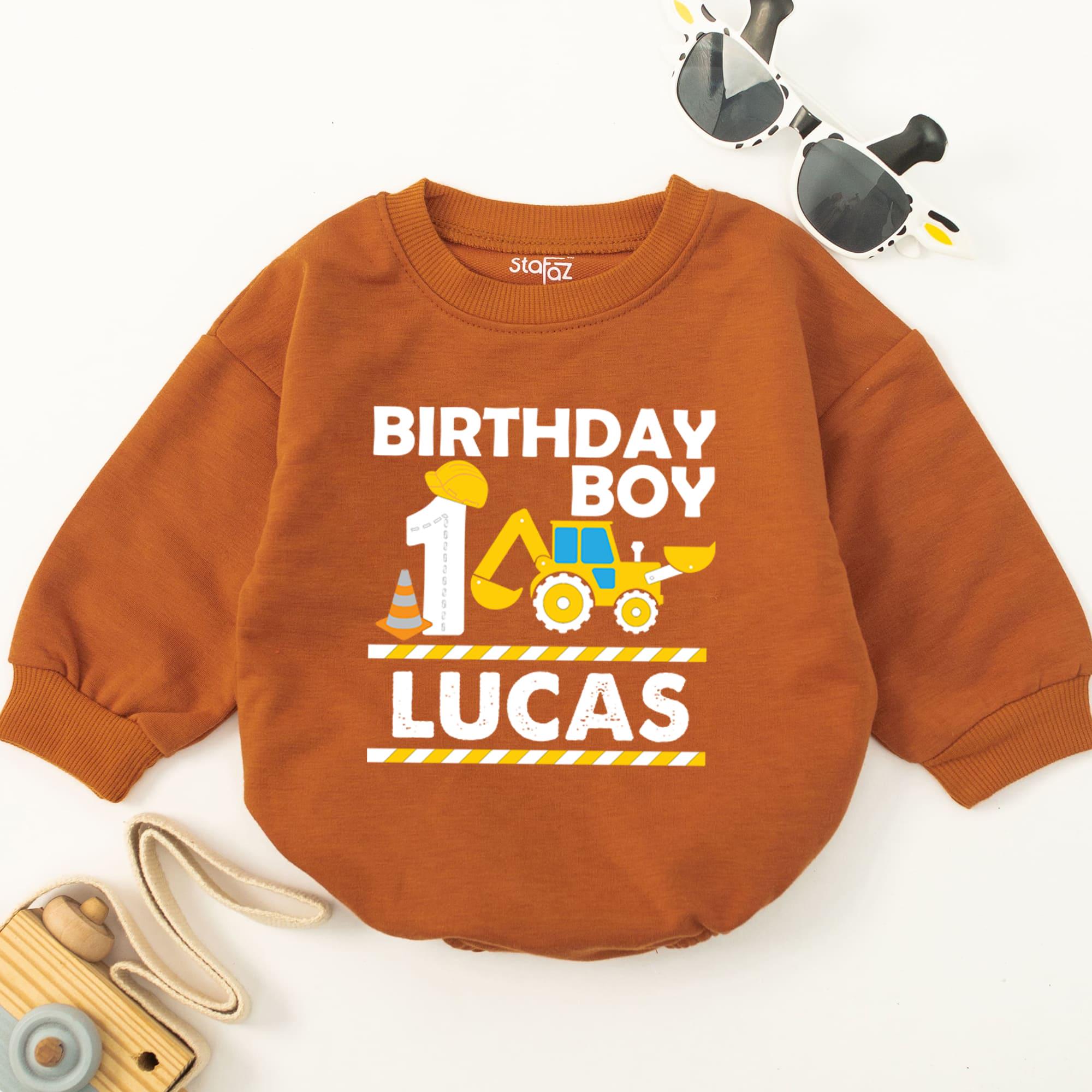 1st Birthday Boy Construction Romper Personalized with Excavator Lucas Name Fun Party Baby Outfit Cotton Comfortable Gift