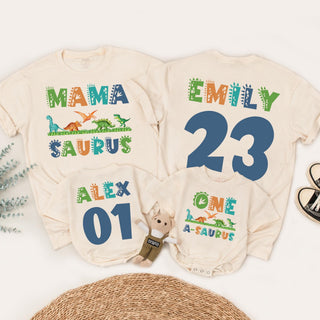 Matching Family Dinosaur Birthday Shirts Custom Name Mama Saurus Dada Saurus Kids Dino Tee Vibrant Colors Fun Playful Design