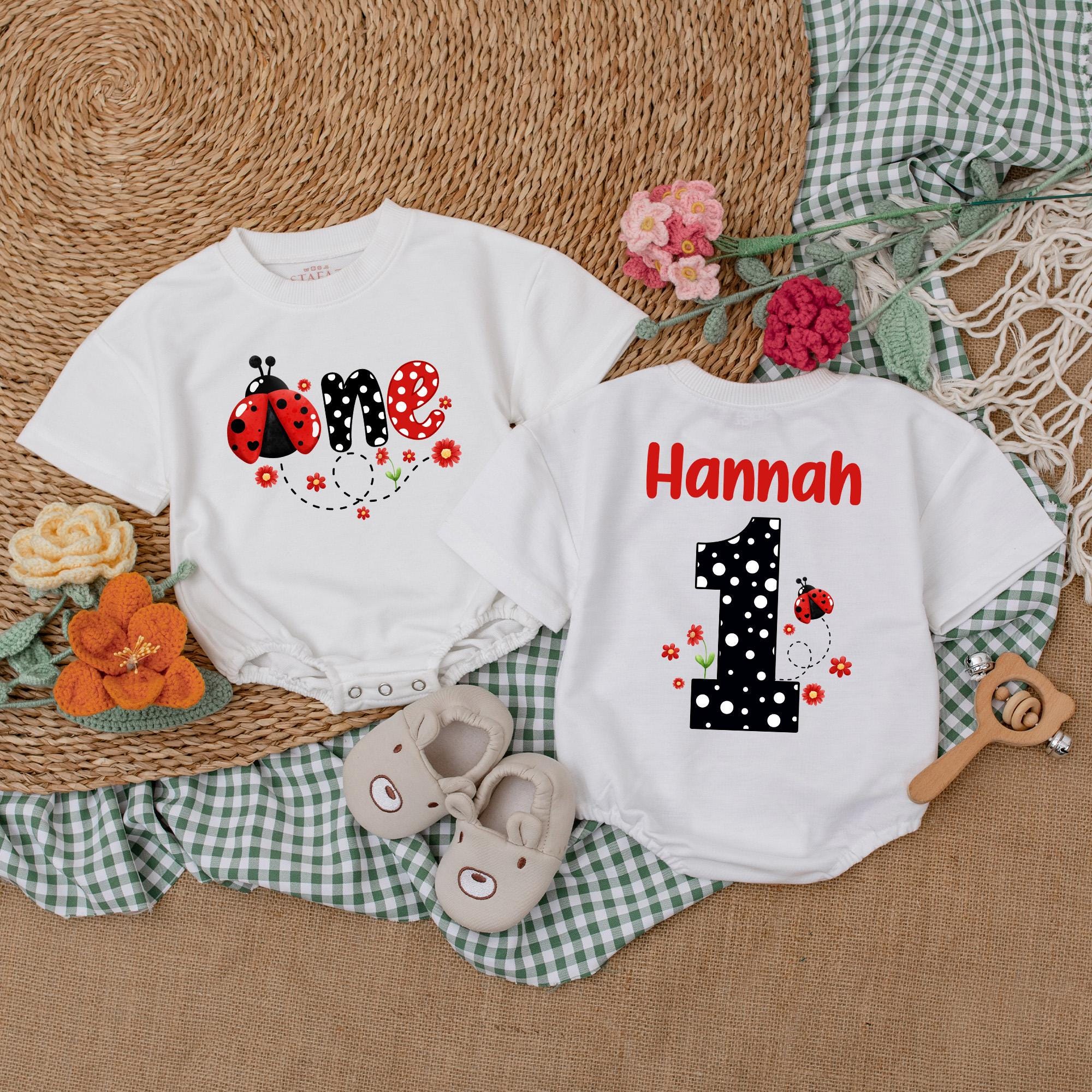 Personalized Ladybug First Birthday Romper with Name Soft Cotton Baby Girl Outfit for Party or Shower Gift Red Polka Dot One Bodysuit