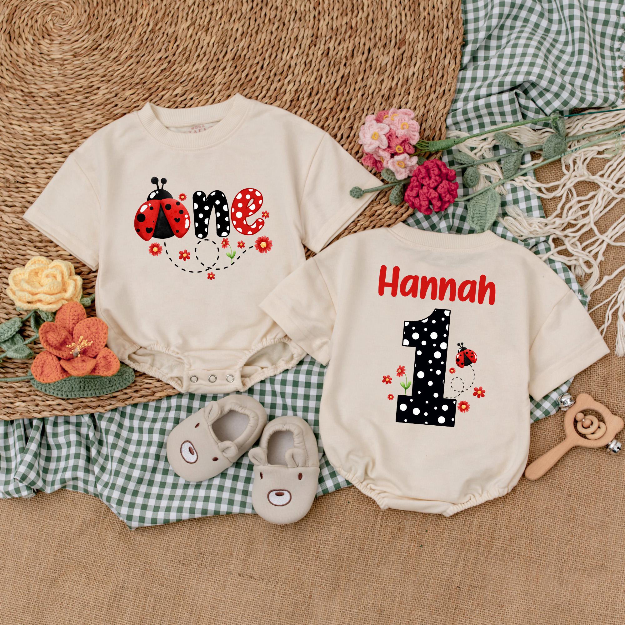 Personalized Ladybug First Birthday Romper with Name Soft Cotton Baby Girl Outfit for Party or Shower Gift Red Polka Dot One Bodysuit