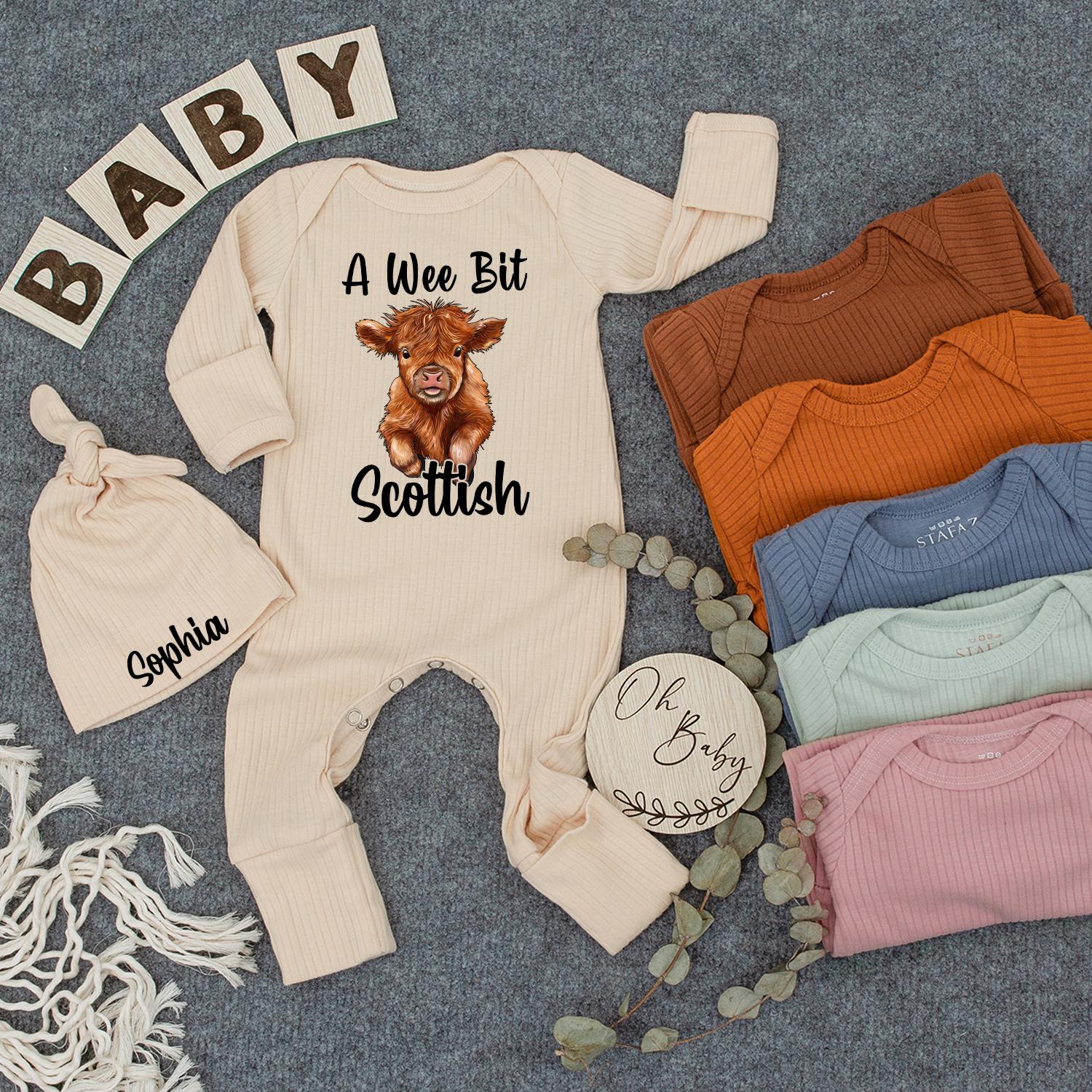 A Wee Bit Scottish Baby Bodysuit and Hat Set with Cute Cow Design Custom Name Fun Gift for Newborn Shower Going Home Outfit