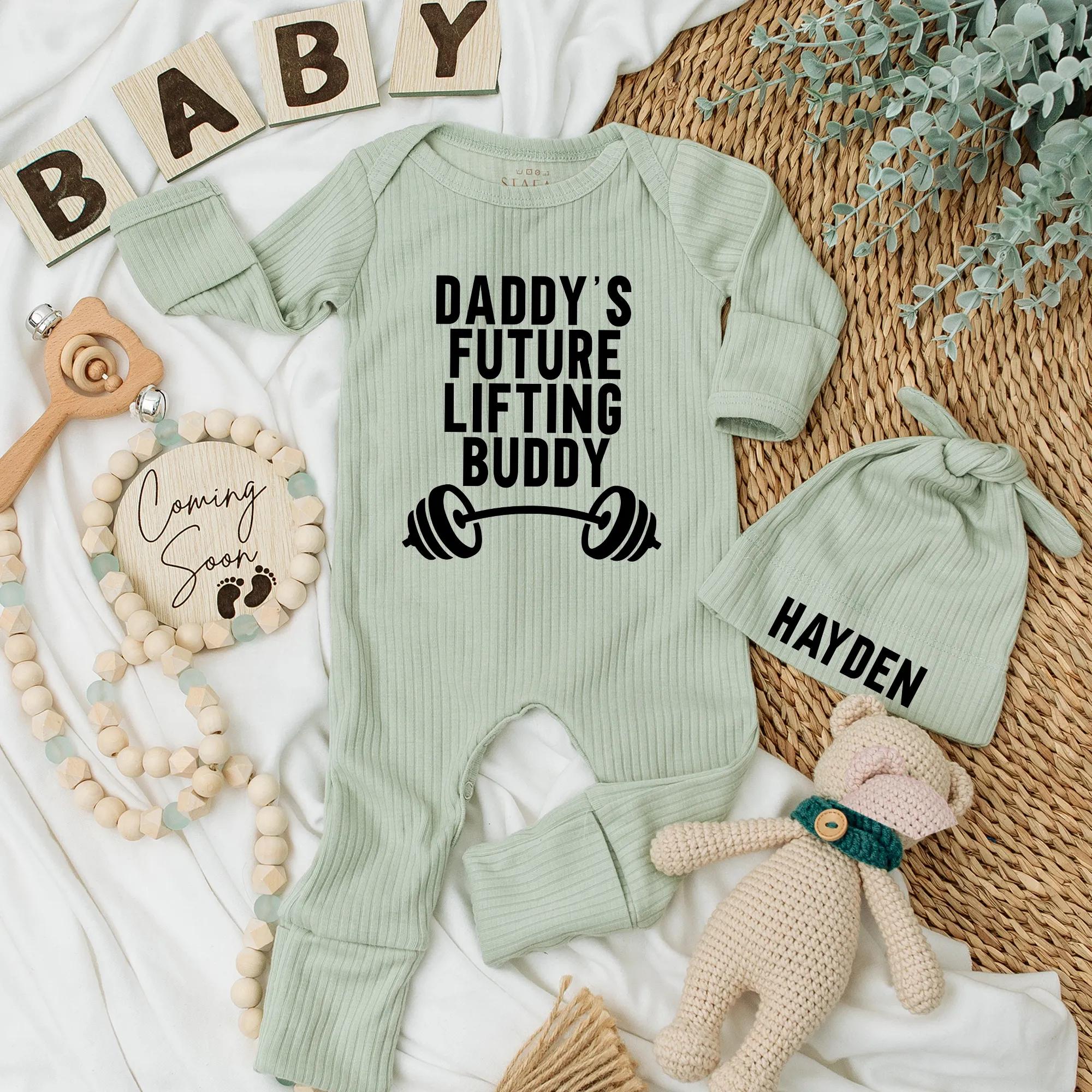 Daddy's Future Lifting Buddy Newborn Bodysuit Personalized Hat Baby Shower Gift Cotton Outfit for Boys and Girls