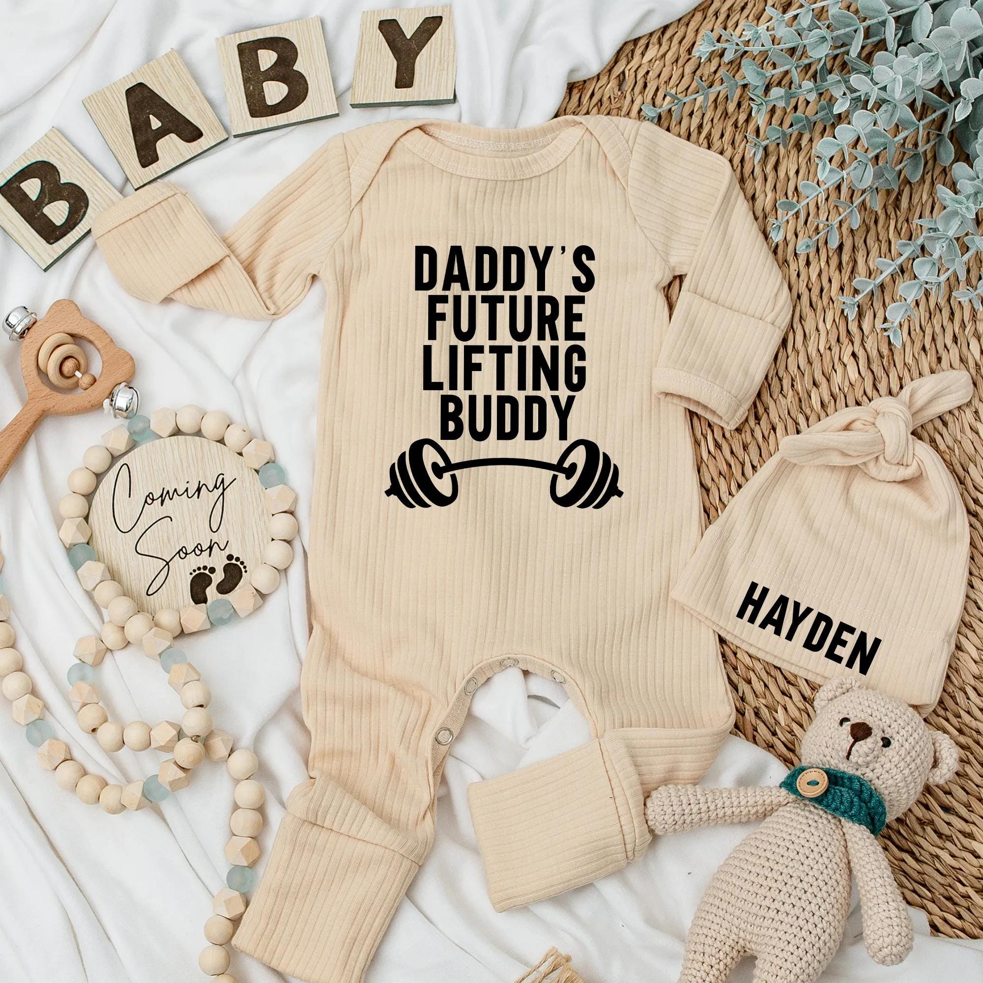 Daddy's Future Lifting Buddy Newborn Bodysuit Personalized Hat Baby Shower Gift Cotton Outfit for Boys and Girls