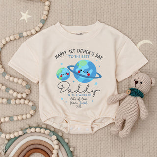Custom Baby Romper for Happy 1st Father's Day, Soft Cotton Outfit with Planet Artwork, Perfect First Father’s Day Gift for Daddy