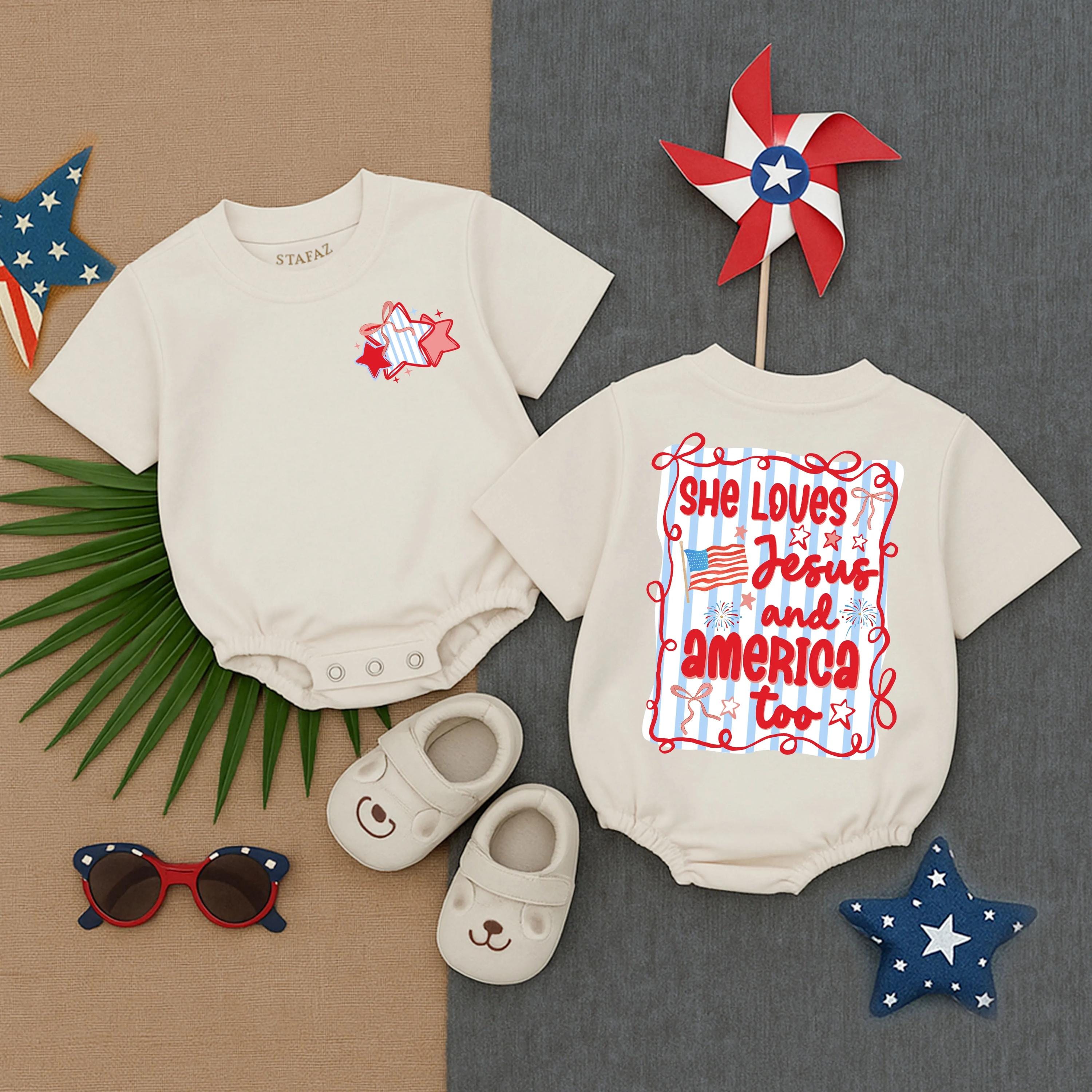 She Loves Jesus and America Too Romper Patriotic Baby Girl Outfit USA Christian Summer Clothes Short Sleeve Infant Birthday Gift