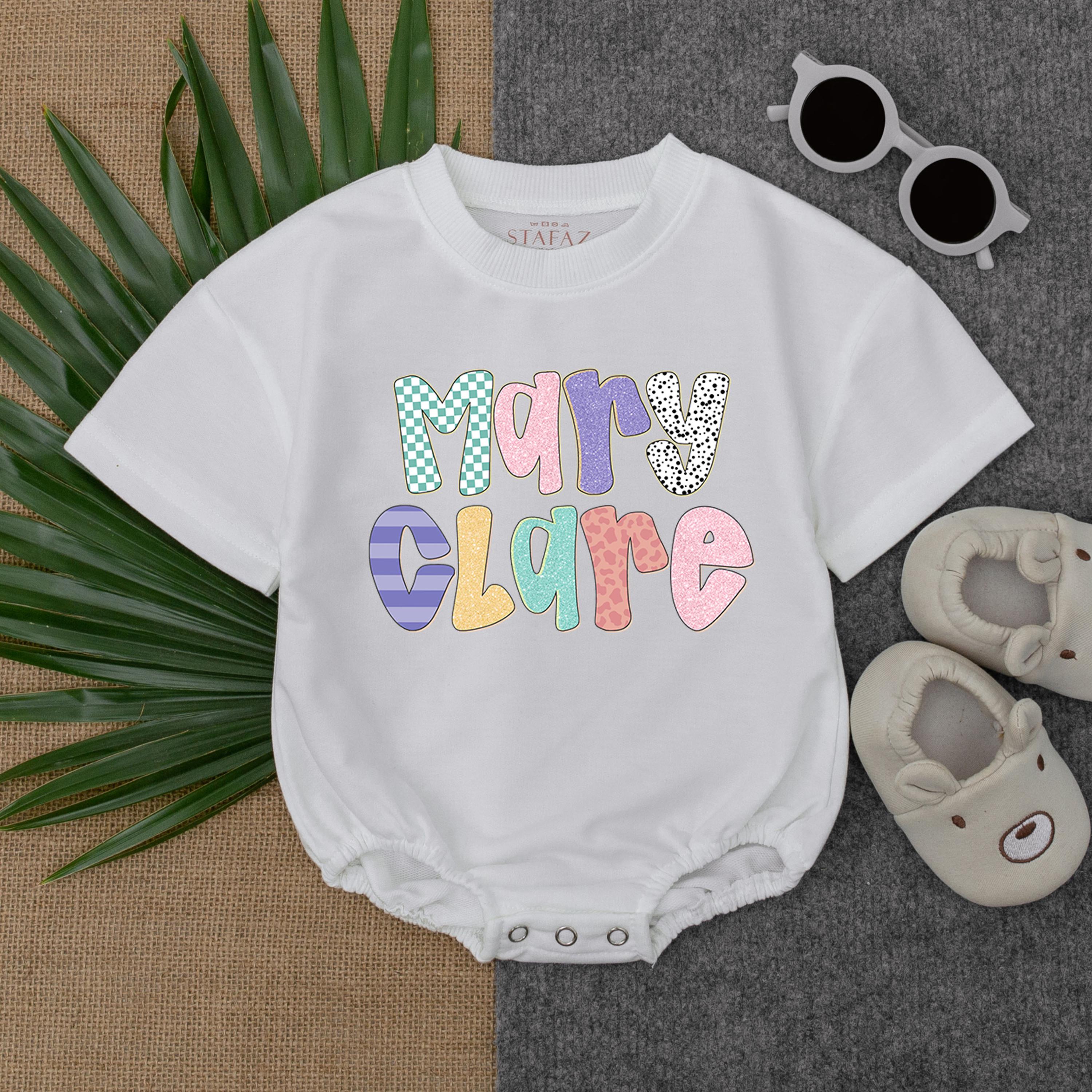 Personalized Mary Clare Baby Romper with Playful Pastels Polka Dots Stripes Cute Floral Design Soft Cotton Outfit for Infant Girls Birthday Gift