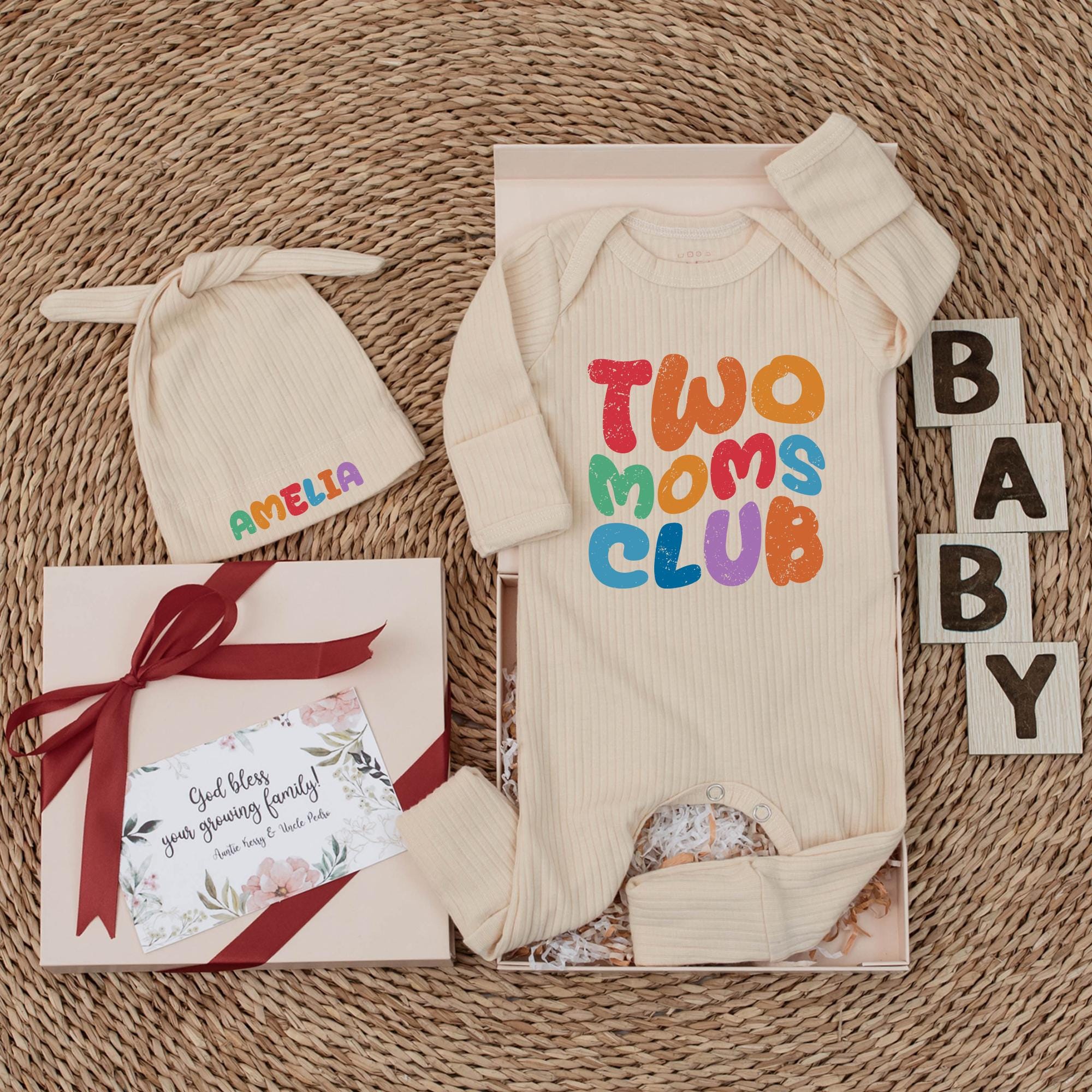 Personalized Two Moms Club Baby Bodysuit Custom Name LGBTQ+ Infant Outfit for Lesbian Parents Soft Cotton Gift Idea