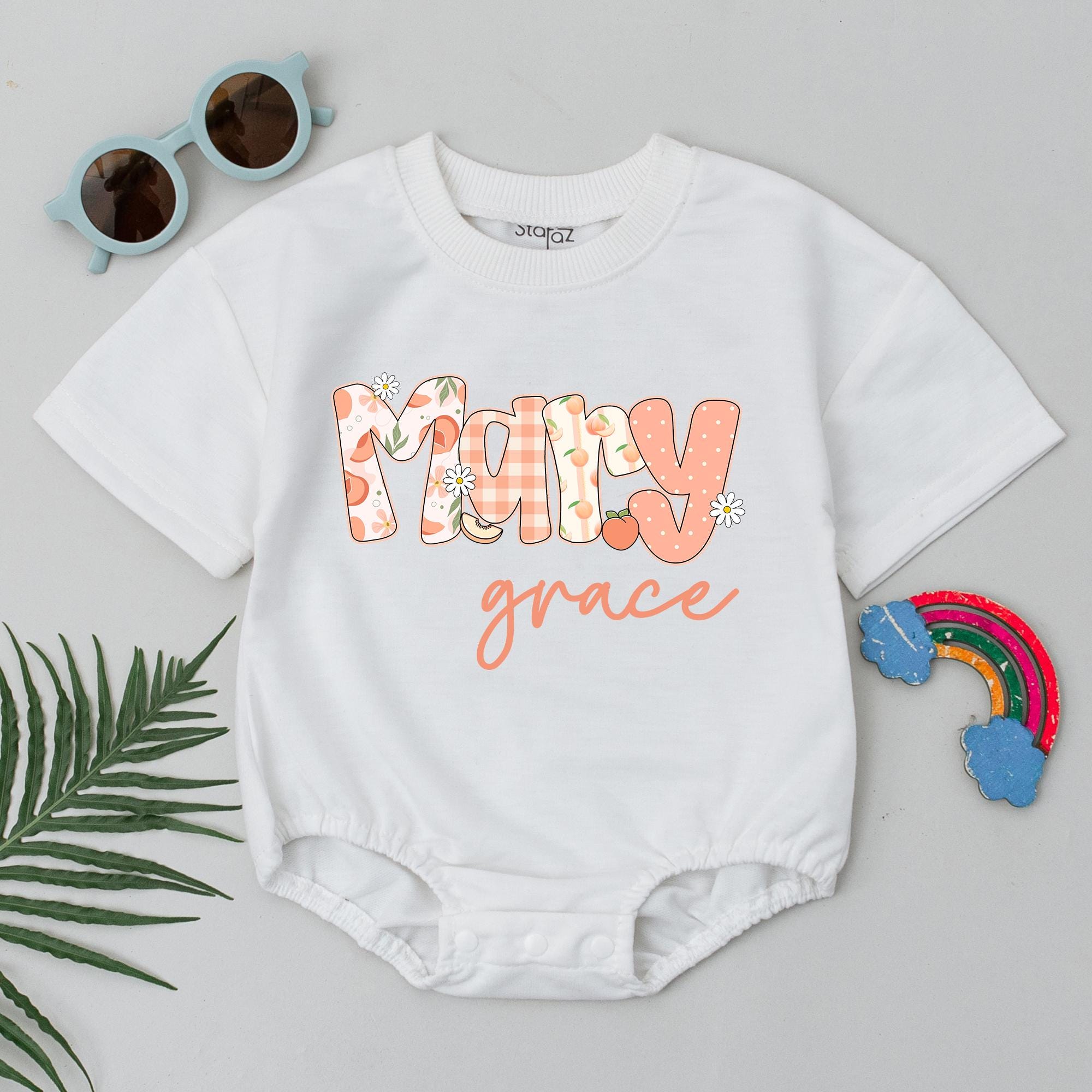 Personalized Peach Baby Romper with Molly Grace Design Soft Infant Birthday Outfit Custom Name Gift for Girls Party or Baby Shower